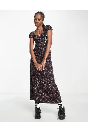 Motel Rosebud print grunge lattice detail midaxi dress in