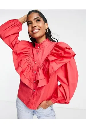 Miss Selfridge Poplin extreme frill detail diamante button shirt in