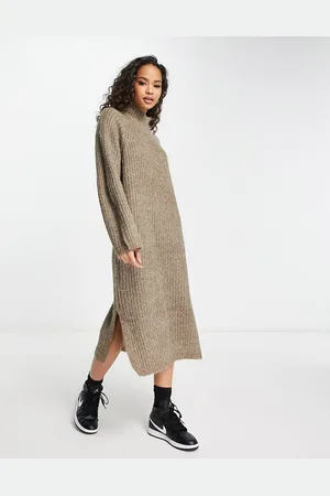 Pieces® High neck wide sleeve midi jumper dress in camel