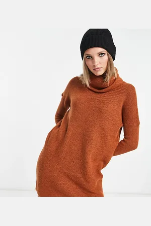 ONLY Roll neck mini knitted dress in rust