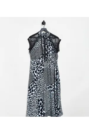 Liquorish a line lace detail midi dress in black leopard print