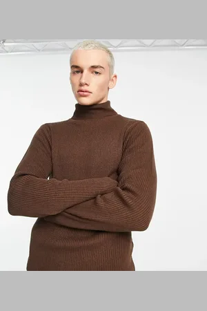 COLLUSION Knitted ribbed roll neck jumper in chocolate