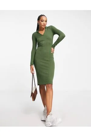Threadbare Thyme v neck collar midi jumper dress in khaki