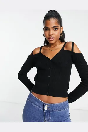 Miss Selfridge Button through cold shoulder rib top in