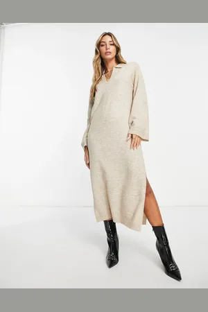 Pretty Lavish Knitted shirt midi dress in beige