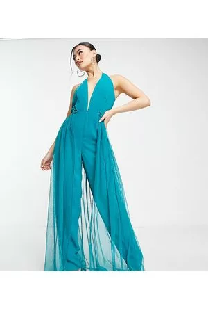 Starlet Women Jumpsuits - Exclusive plunge jumpsuit with tulle overlay in emerald