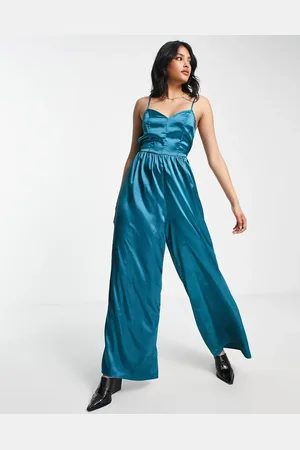 Urban Threads Wide leg cami strap satin jumpsuit in teal