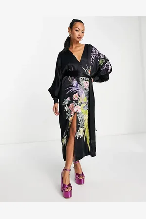ASOS V neck statement floral and phoenix dress midi dress with tie in