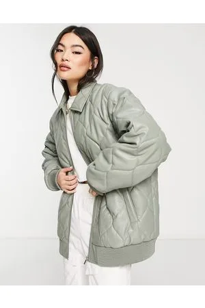 ASOS DESIGN oversized varsity bomber jacket with faux leather sleeves in  green