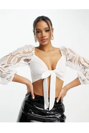 REBELLIOUS FASHION Lace puff sleeve tie front crop top in white