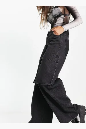 COLLUSION Mixed fabric wide leg cargo trousers in washed black