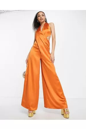 ASOS Drape cross front halter jumpsuit with cut out in copper
