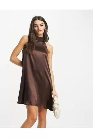 Urban Threads Satin high neck mini dress in chocolate