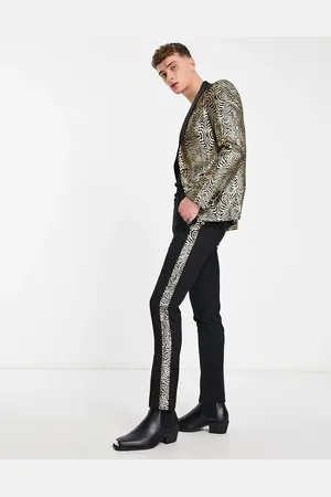 Twisted Tailor Kalman skinny suit trousers in velour with gold foil print sidestripe