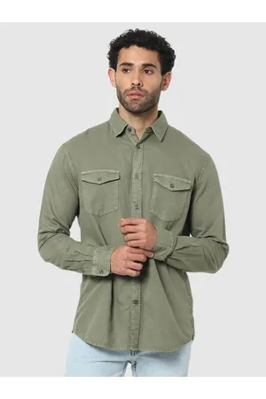 Celio Olive Classic Flap Pocket Casual Shirt (CALINOD)