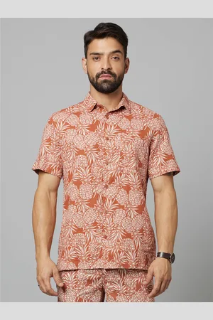 Celio Rust Classic Tropical Printed Spread Collar Casual Cotton Shirt (DAOVERA)