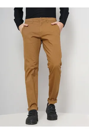 brown mid rise plain cotton slim fit chinos trousers tocharles