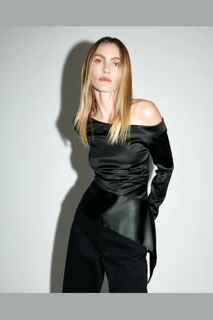 Cue Stretch Satin Off Shoulder Top