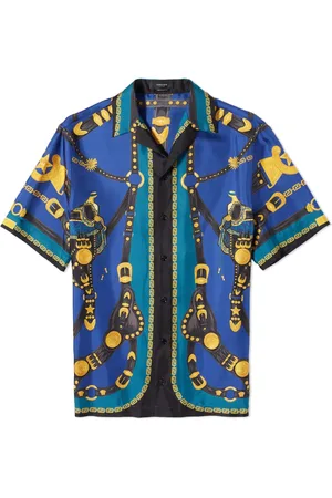 VERSACE Logomania Twill Allover Silk Shirt Blue - Clothing from