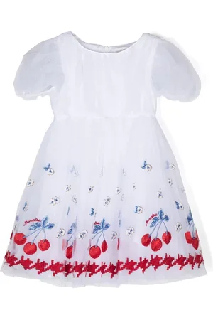 MONNALISA Cherry-embroidery tulle-overlay dress