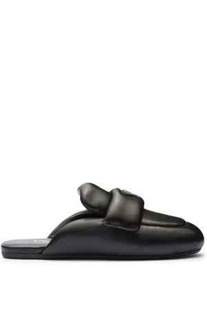 Prada logo-plaque Shearling Slippers Black