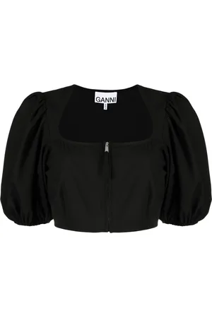 Ganni Cropped puff-sleeve blouse