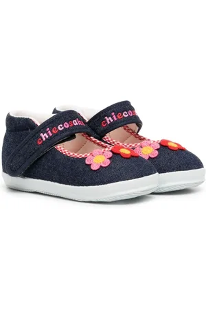 Miki House Floral-embroidery denim ballerina shoes