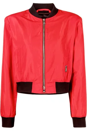 Feminine Fashion Ruffled Red Leather Bomber Jacket for Ladies