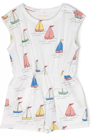 Mini Rodini Girls Jumpsuits - Boat-print organic cotton jumpsuit