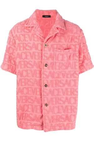 VERSACE Men Cardigans - Allover logo-embossed cotton towel shirt