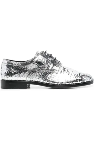 Silver Metallic Shiny Leather Lace Up Shoes Womens Sneakers