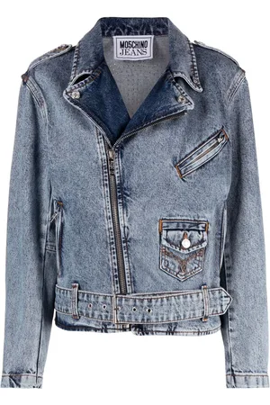 Moschino Crystal-embellished denim biker jacket
