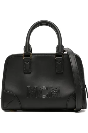 MCM Black Leather Vintage Studded Logo Motifs Boston Bag