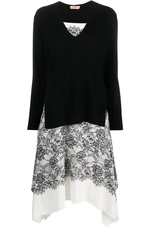Twin-Set Floral-lace layered midi dress
