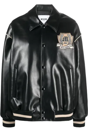 Faux Leather Varsity Bomber Jacket - Brown