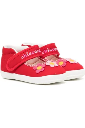 Miki House Floral-embroidery touch-strap ballerina shoes