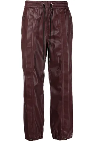Mens Casual Street Style Motorbike Real Burgundy Leather Jogger Pants