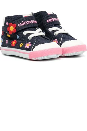 Miki House Floral-embroidered denim sneakers