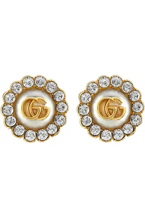 Gucci Blue Red Web Stripes Yellow Crystal GG Logo Studs Earrings