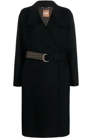 HUGO BOSS Monogram-jacquard belt wool-blend coat