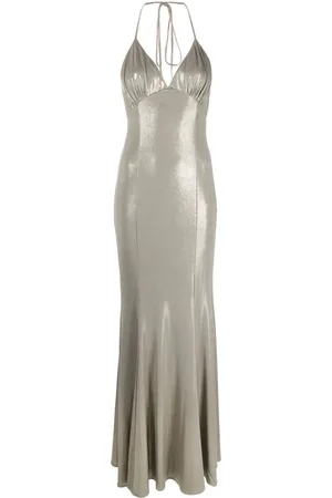 Pinko Lam??-effect halterneck maxi dress