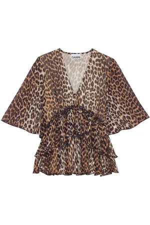 Ganni Leopard-print V-neck pleated blouse