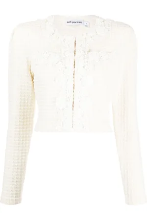 Self-Portrait Floral-trim waffle-knit cardigan