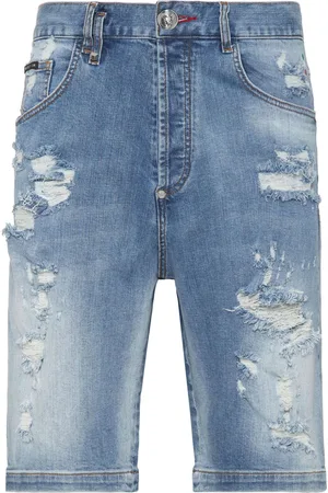 Philipp Plein Distressed knee-length denim shorts