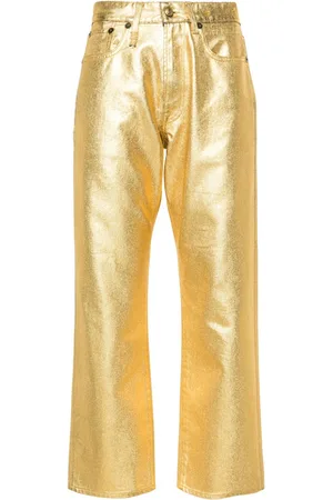 New ZARA GOLD BUTTONED STRAIGHT LEG JEANS Ecru Large 6147/172 Women Pants