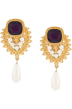 Susan Caplan 1990s Vintage Elizabeth Taylor 18kt Plated Faux Pearl Drop Earrings