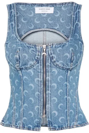 Marine Serre Crescent-Moon-Print denim top