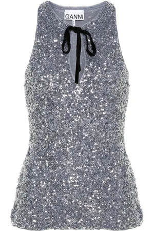 Ganni Sequined split-neck top