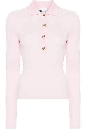 Ganni Fine-ribbed merino polo top