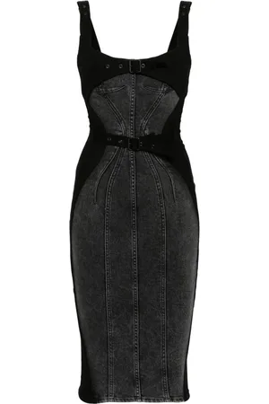 MUGLER Denim buckled midi dress